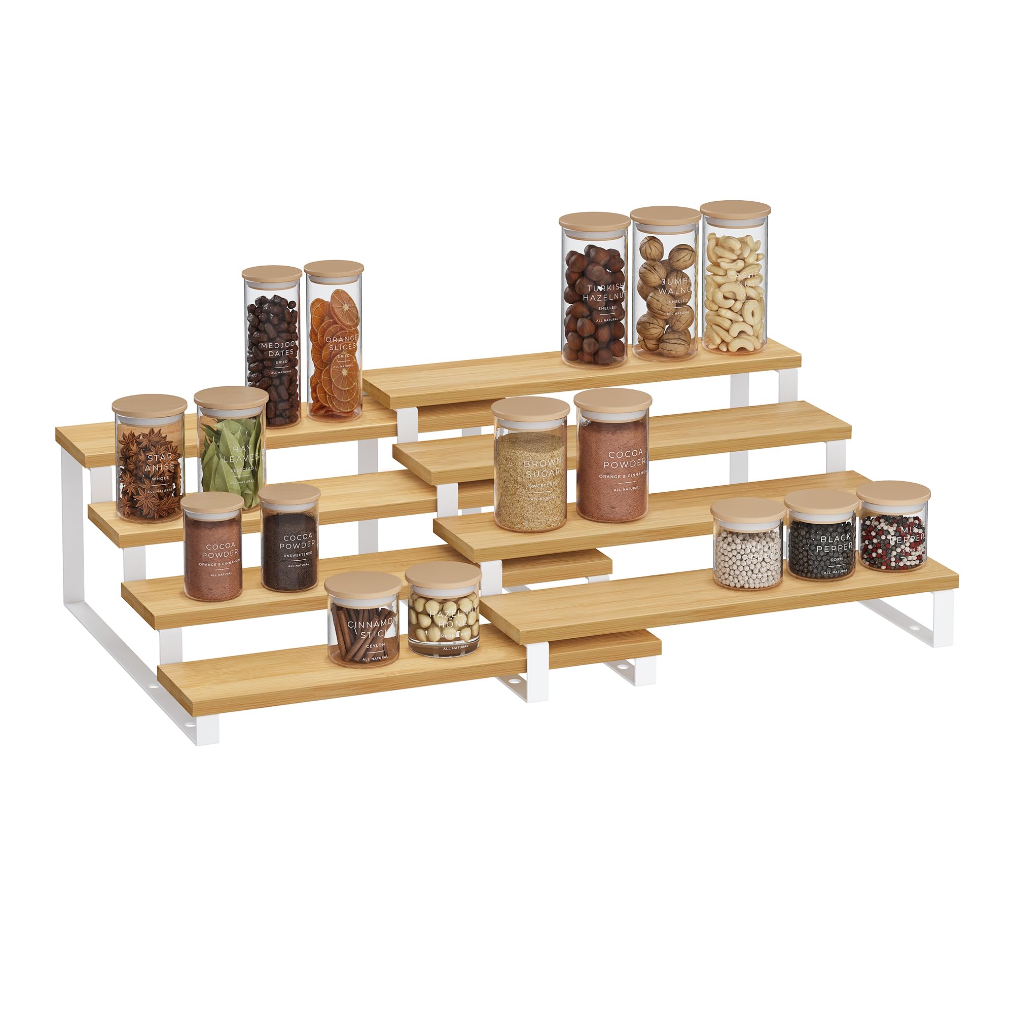 SONGMICS Spice Rack, Set of 2 Cabinet Shelf Organisers, 4-Tier Extendable Spice Holder, Engineered Wood, Stackable, for Pantry, Cupboard, Countertop, Natural Beige and Cloud White KCS216N02