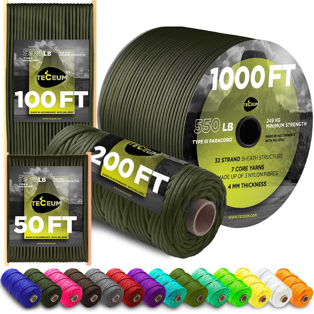 Photo 1 of TECEUM Paracord Type III 550 Army Green – 1000 ft – 4mm – Tactical Rope MIL-SPEC – Outdoor para Cord –Camping Hiking Fishing Gear and Equipment – EDC Parachute Cord – Strong Survival Rope 010