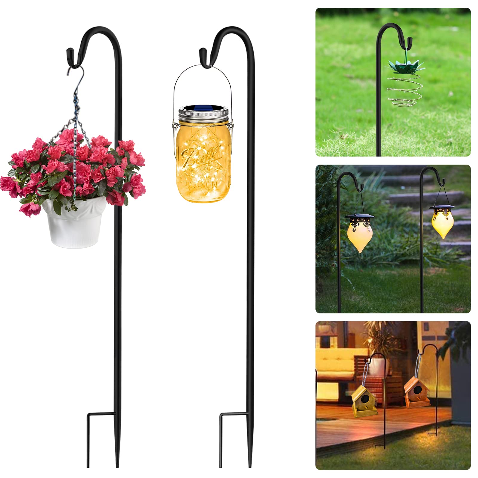 AKOFIC 2 Pack Shepherds Crook Hooks, 100cm/39.4in Adjustable Height Shepherds Hooks with Base, Metal Garden Stake Border Hook Hangers for Garden Lights Plant Baskets Weddings Lanterns Bird Feeder