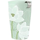 Tea Forte Double-Walled Ceramic Kati Cup, Removable Stainless Steel Infuser Basket and Lid, Steeps 12 oz Loose Leaf Tea, Dishwasher & Microwave Safe, Lotus Blossom