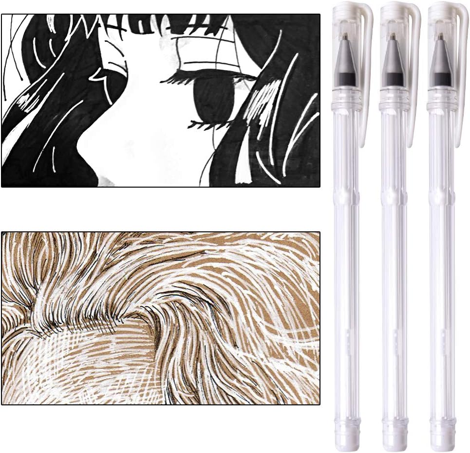 White Gel Pen 3 Pieces Gel Ink Pens Medium Point 0.7mm Highlighter Markers Pen for Dark Paper Adult Coloring Design Daily Greeting Card Sketching Drawing Manga Marking Art Supplies qianshan