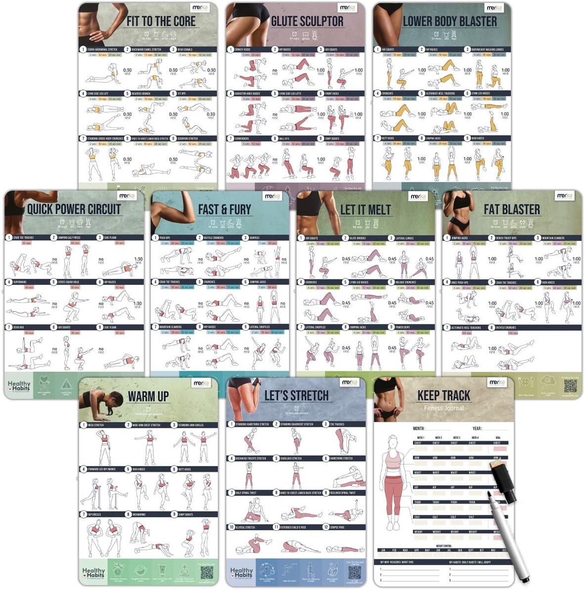 merka Women's Home Gym Workout Posters – Exercise Routine Planners and Erasable/Reusable Health & Fitness Chart – Designed by Women, Great for Beginners – Set of 10 Thick Plastic Posters : Sports & Outdoors
