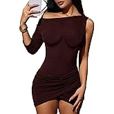 winkbay Women's Ruched Asymmetrical Neck Wrap Dress Elegant Bodycon Mini Cocktail Party Dresses