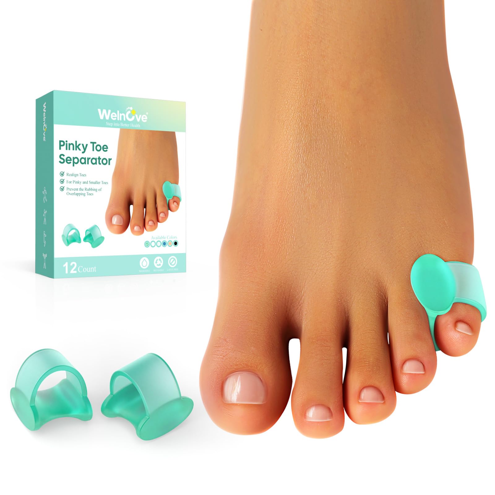Welnove Gel Toe Separator - 12 Pack Pinky Toe Spacers - Little Toe Cushions, Small Toe Sleeves for Preventing Rubbing & Reducing Pressure (Green) — image 1