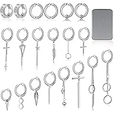 ONESING 20 Pcs Clip On Magnetic Earrings for Men - Dangle Hoop Sterling Non Pierced Fake Piercings - Stainless Steel Silver