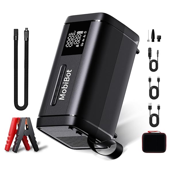 MOBIBOT 4000A JUMP STARTER WITH AIR COMPRESSOR,74WH BATTERY JUMPER STARTER PORTABLE WITH LED DISPLAY,12V 4-IN-1 JUMP BOX PACK (10L GAS/ 6L DIESEL) WITH 160PSI TIRE INFLATOR, LED LIGHT, JUMPER CABLES