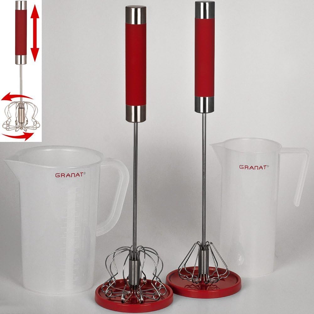 Automatik-Schneebesen 2er Set mit Becher und Halter Rot - Einhand Drehautomatik Rührbesen Quirl ...