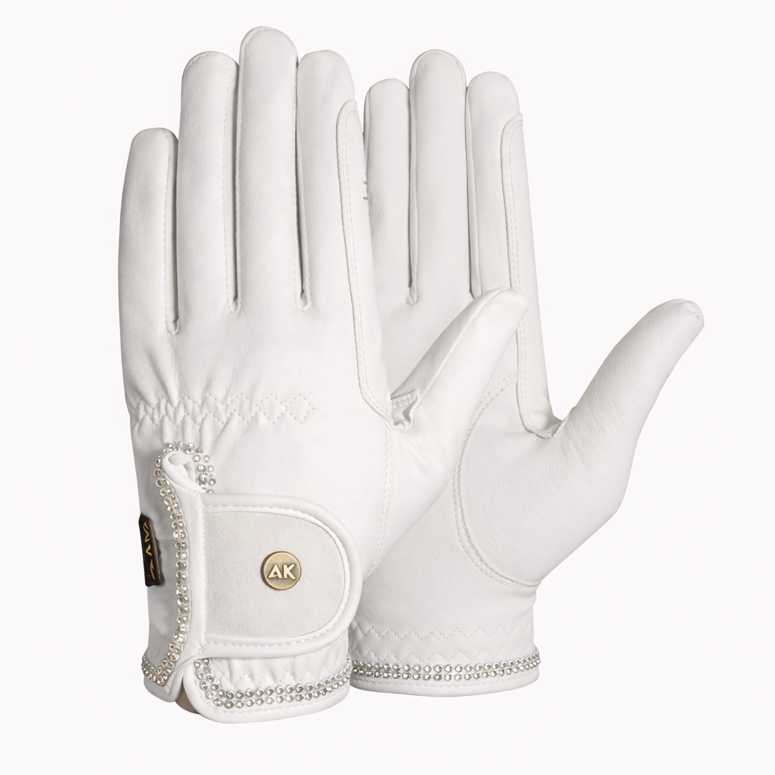 AK Horse Riding Gloves for Competition & Dressing with Crystal Diamante (White, 2XL)