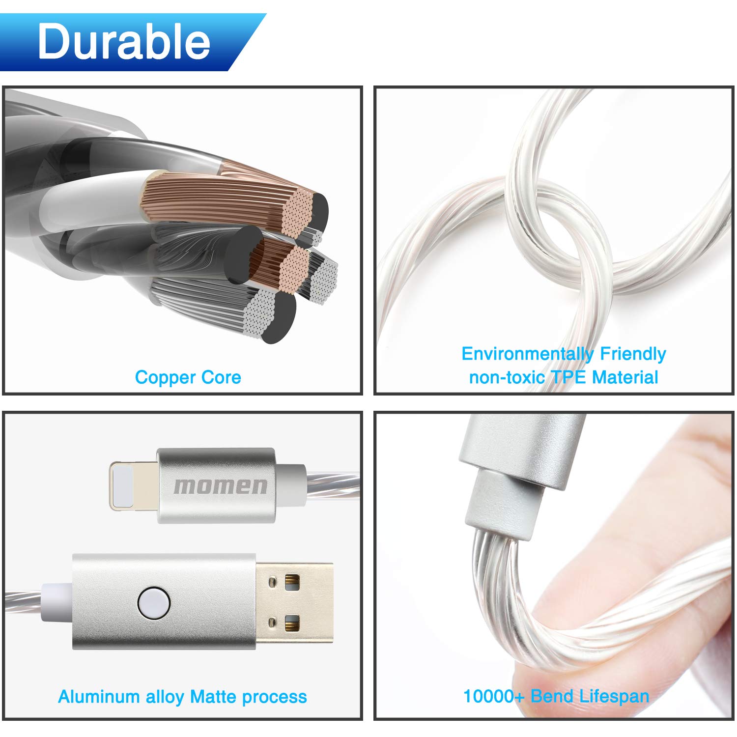 LED Charging Cable 10ft Compatible for Phone Xs/XS Max/XR/X / 8/8 Plus / 7/7 Plus More, Momen LED Visible Flowing Charging Cord with 5 Light Modes(Blue Light)