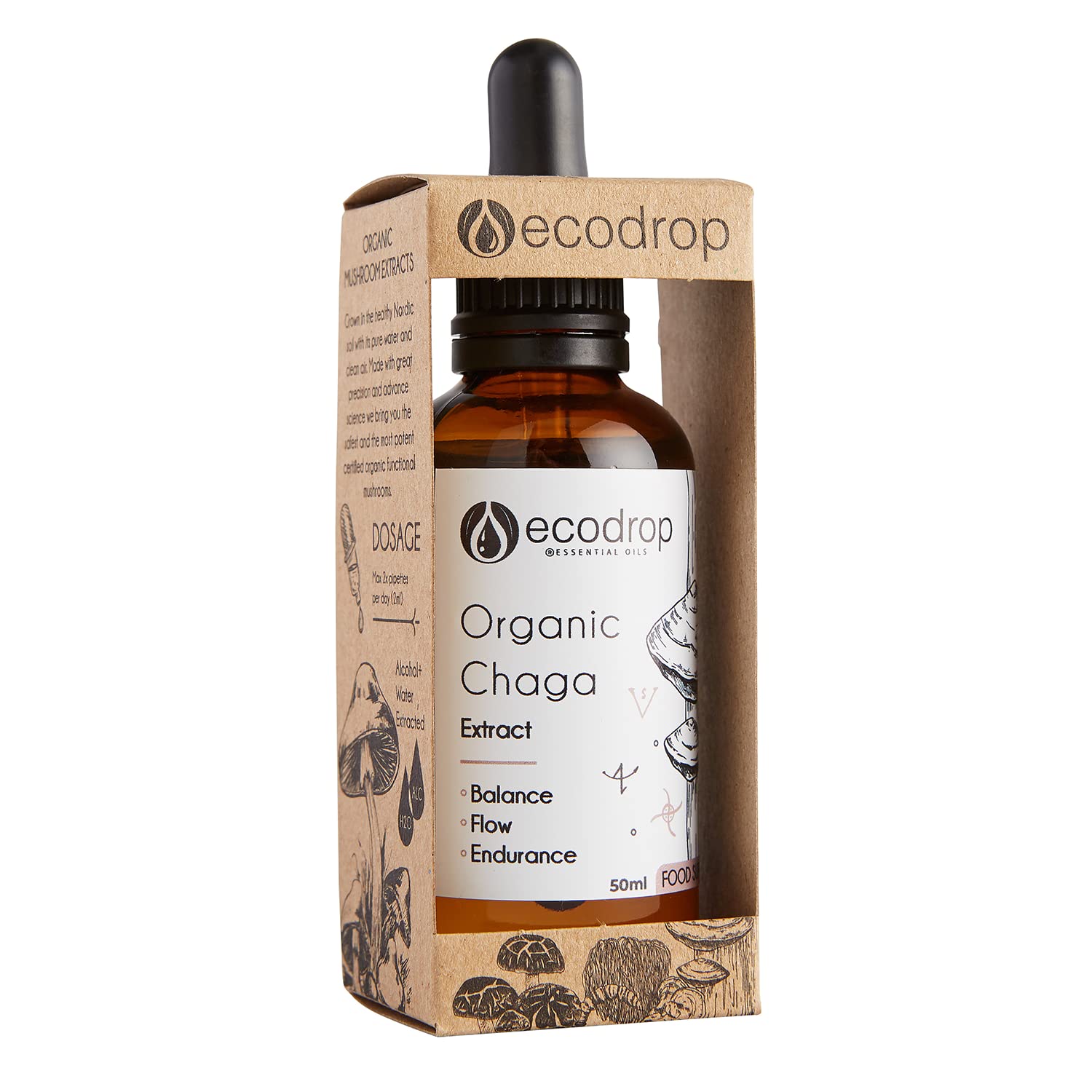 Organic Chaga Mushroom, Double Extract Liquid Tincture, 50ml, EU & Soil Association Organic Certified, Manufactured in Finland