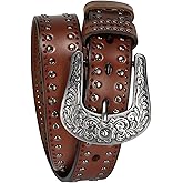 Womens Western Leather Belts 35mm Studded Belt with Vintage Silver Buckle