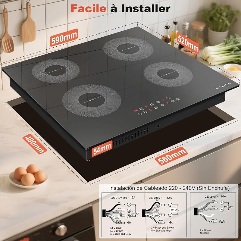 Placa de Inducción 4 Fuegos, 60 cm, Encastrable, Sin Enchufe, 7200 W