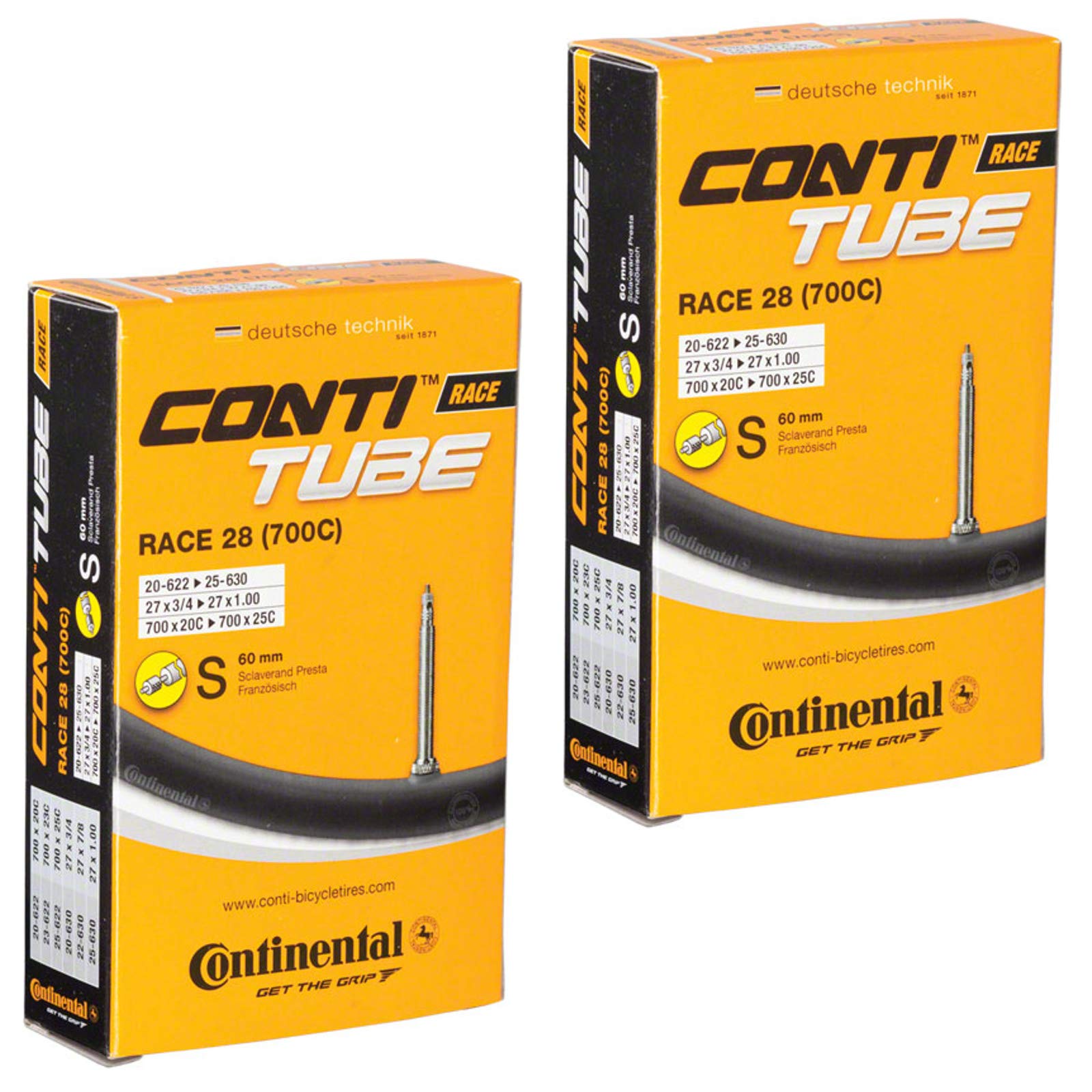 Continental Race 28 700 x 20-25c Road Bike Inner Tubes - 60mm Presta Valve (Pair) - with Ano Adapters, Black