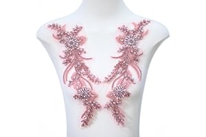 FixrWre Pair Handmade Shining Crystals Rhinestones DIY Clothing Applique Patches, Sewing Beads Sequins Stone Trim Accessories for Wedding Dress Decoration(Pink-Large)