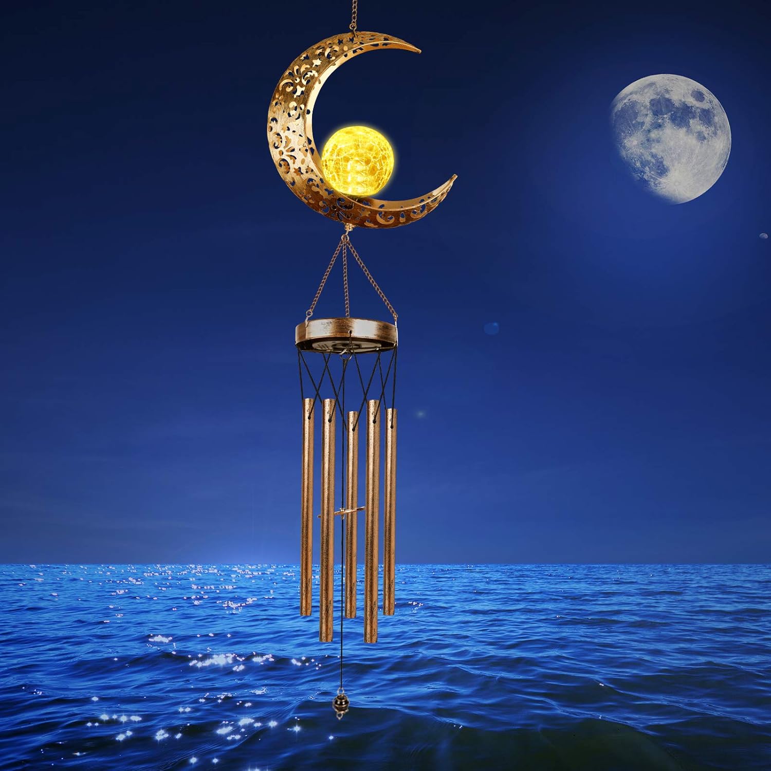 DesGully Wind Chimes, Moon Crackle Glass Ball Solar Wind Chimes with Amazing Deep Tone Outside Garden Decor for Spiritual Gifts, Unique Hanging Decor for Mom Women Grandma(41" Heavy-Duty Metal Chimes) : Garden & Outdoor