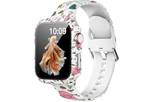 LKEITY Floral Printed Pattern Silicone Band with Case Cover Set Screen Protector Compatible for Apple Watch 45mm 44mm 42mm 41mm 40mm 38mm, Soft Sport Strap for iWatch Series 8 7 SE 6 5 4 3 2 1 Women