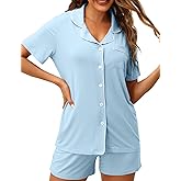 ZMJ Pajamas for Women Set 2 Piece Pj Short Sets Bride Sleepwear Button Up Light Blue XXL