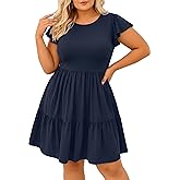 Talisea Women's Plus Size Casual Summer Tiered Flutter Sleeve Swing Short Babydoll Dress with Pockets