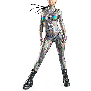 Womens Full Body Psychedelic Print Jumpsuit Colorful High Neck Long Sleeve Stretch Bodysuit for Festival Rave Clubwear