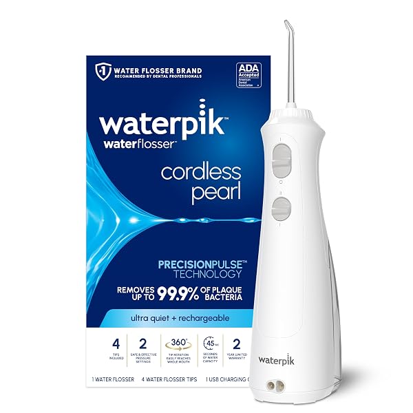 WATERPIK CORDLESS PEARL RECHARGEABLE PORTABLE WATER FLOSSER FOR TEETH, GUMS, BRACES CARE AND TRAVEL WITH 4 FLOSSING TIPS – ADA ACCEPTED, WF-13 WHITE, PACKAGING MAY VARY