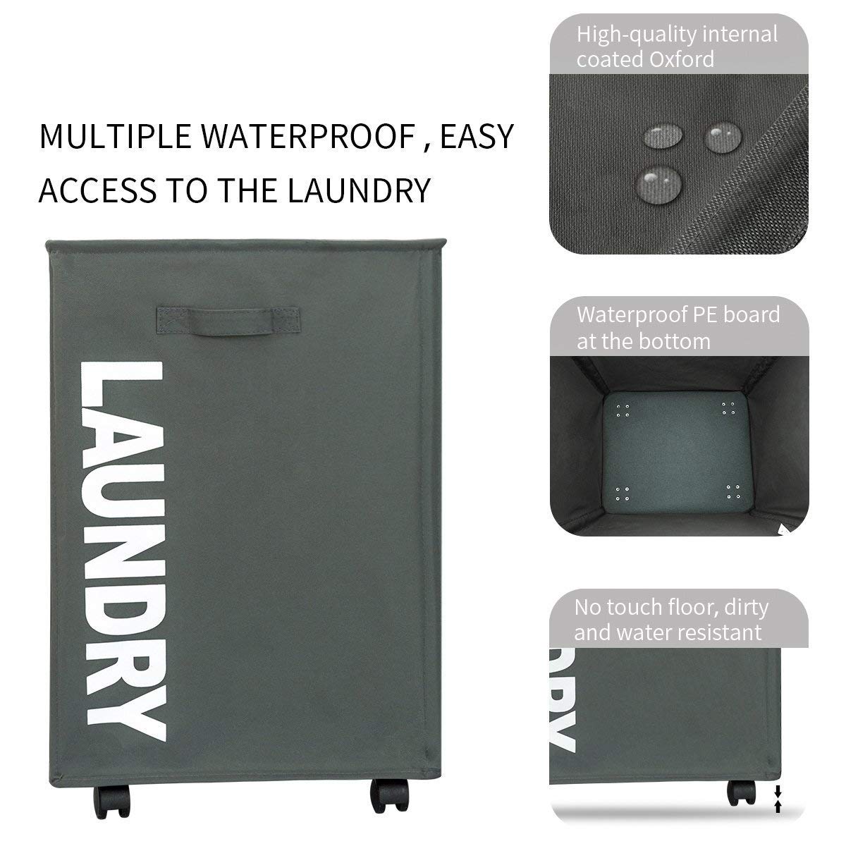 WISHPOOL Large Rolling Stand Folding Slide Laundry Basket Square Collapsible Waterproof Dirty Mesh Laundry Hamper Bin Organizer Storage on Wheels (Grey)