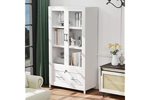 VINGLI Lateral File Cabinet with Glass Doors and Locking Drawer for Hanging File Folders, Bookshelf with Adjustable Shelves for Home Office (White, 30''W x 16''D x 55''H)