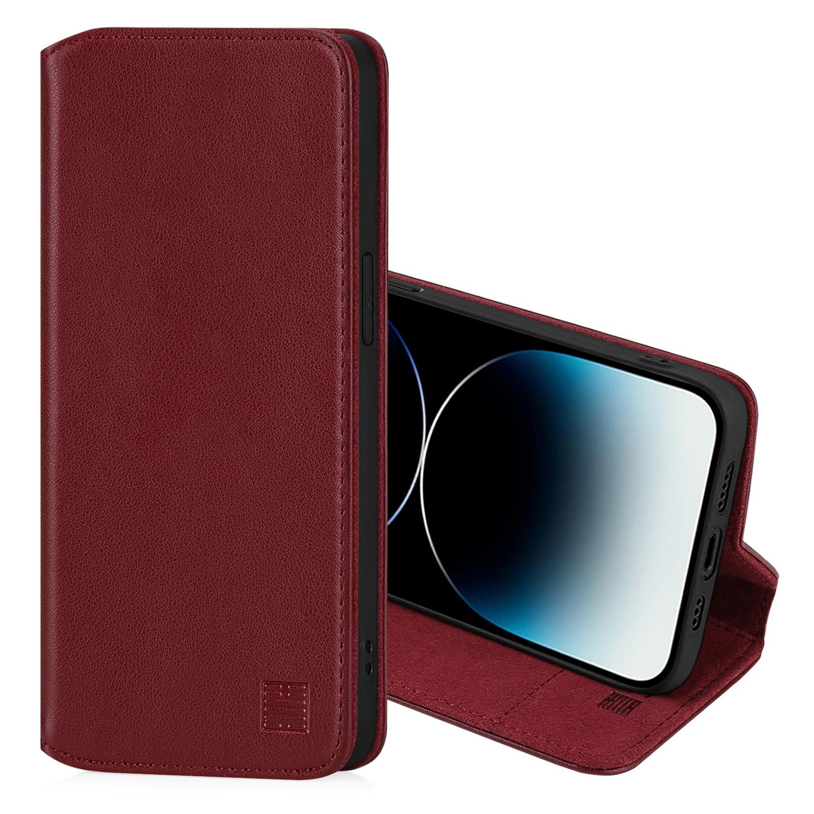 32nd Classic Series 2.0 - Real Leather Book Wallet Flip Case Cover For Apple iPhone 13 Pro (6.1"), Real Leather Design With Card Slot, Magnetic Closure and Built In Stand - Burgundy