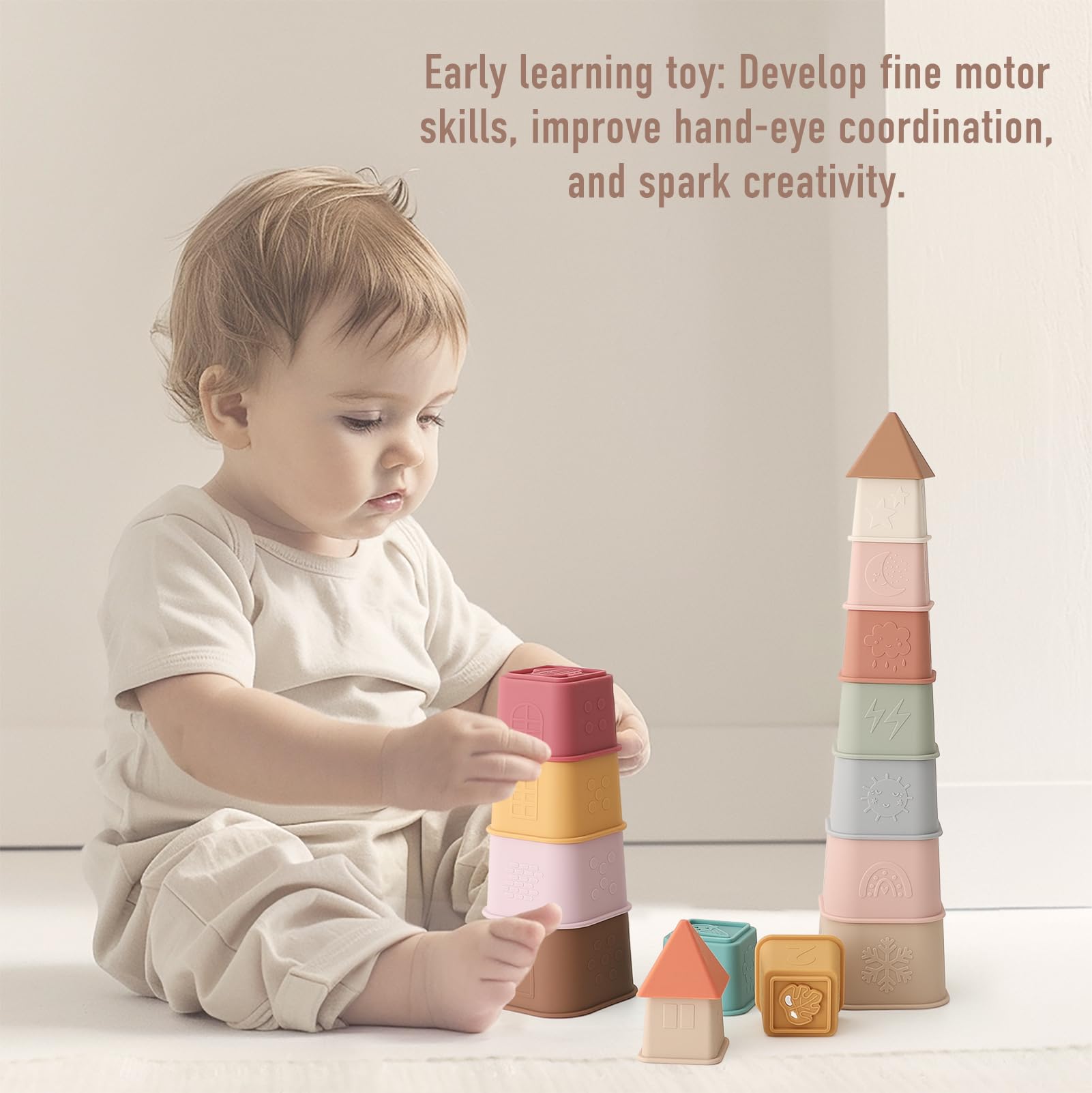 YIVEKO Baby Stacking Cups Toy, Silicone Stacking Tower, Silicone Soft Teething Toy Educational Baby Toys, Baby Building Toys Blocks, 6 Months+, 8 Pcs Set-Gentle