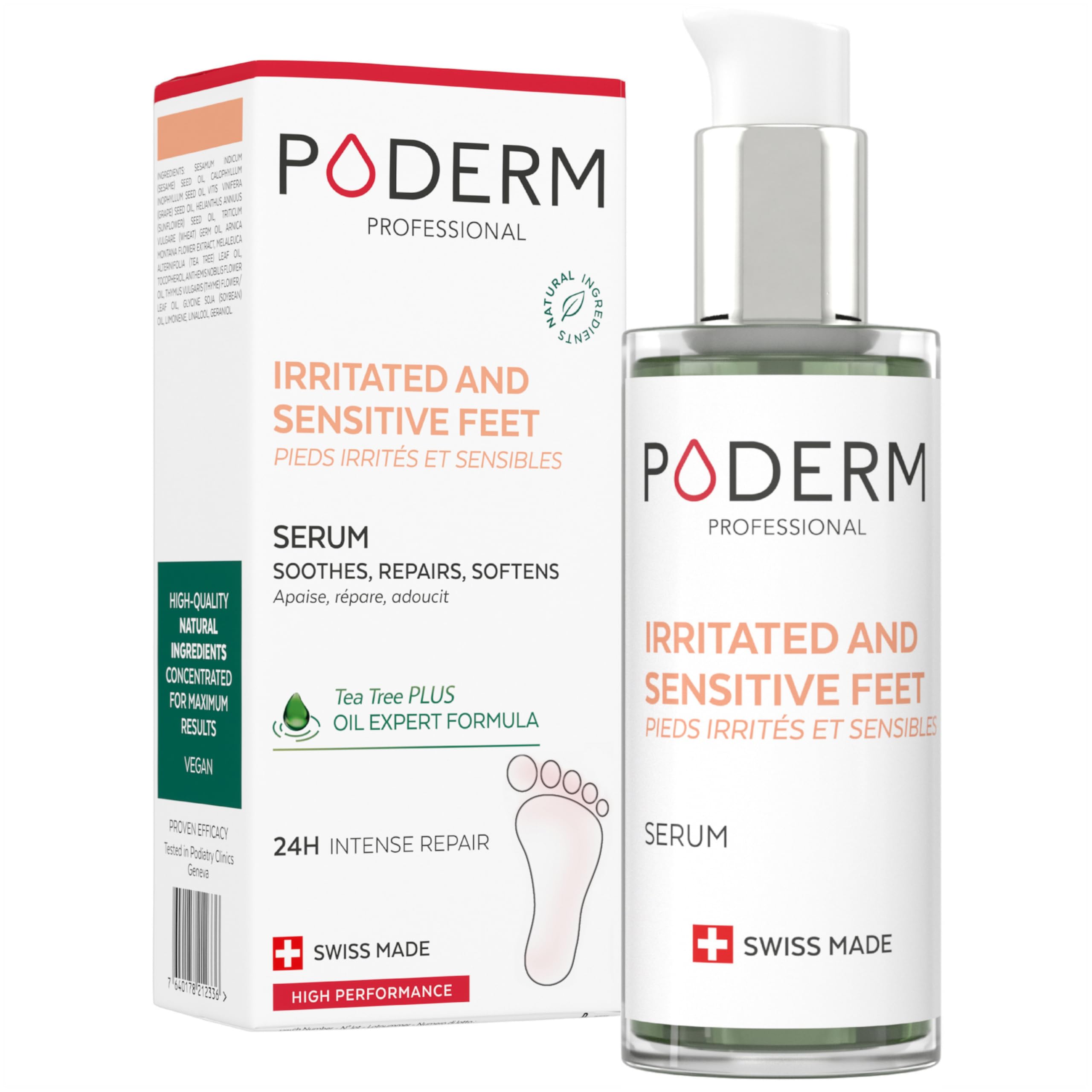 PODERM - TEA TREE FOOT SERUM - Repairs and Soothes irritations, itching, flaking - Post-foot fungi, psoriasis, eczema - Foot care with 100% natural ingredients - Swiss Made
