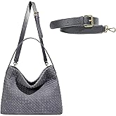 Handwoven Bucket Bag,Grey Suede Shoulder Bag with Adjustable Strap, Large Capacity Tote, 13.4x11.4x4.3 Inches, Woven Design