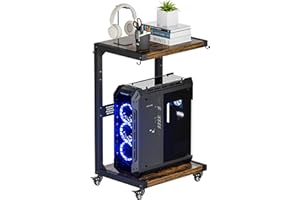 Ansionsol Computer Tower Stand, 2-Tier Metal CPU Holder Stand with Lockable Wheels, Adjustable Under Desk PC Shelf, Mobile Rolling Computer Cart for Home, Office, Gamers and Students, Black