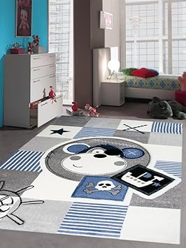 Carpetia Teppich Kinderzimmer Babyzimmer Jungen Affe Pirat blau crème grau schwarz Größe 120x170 cm