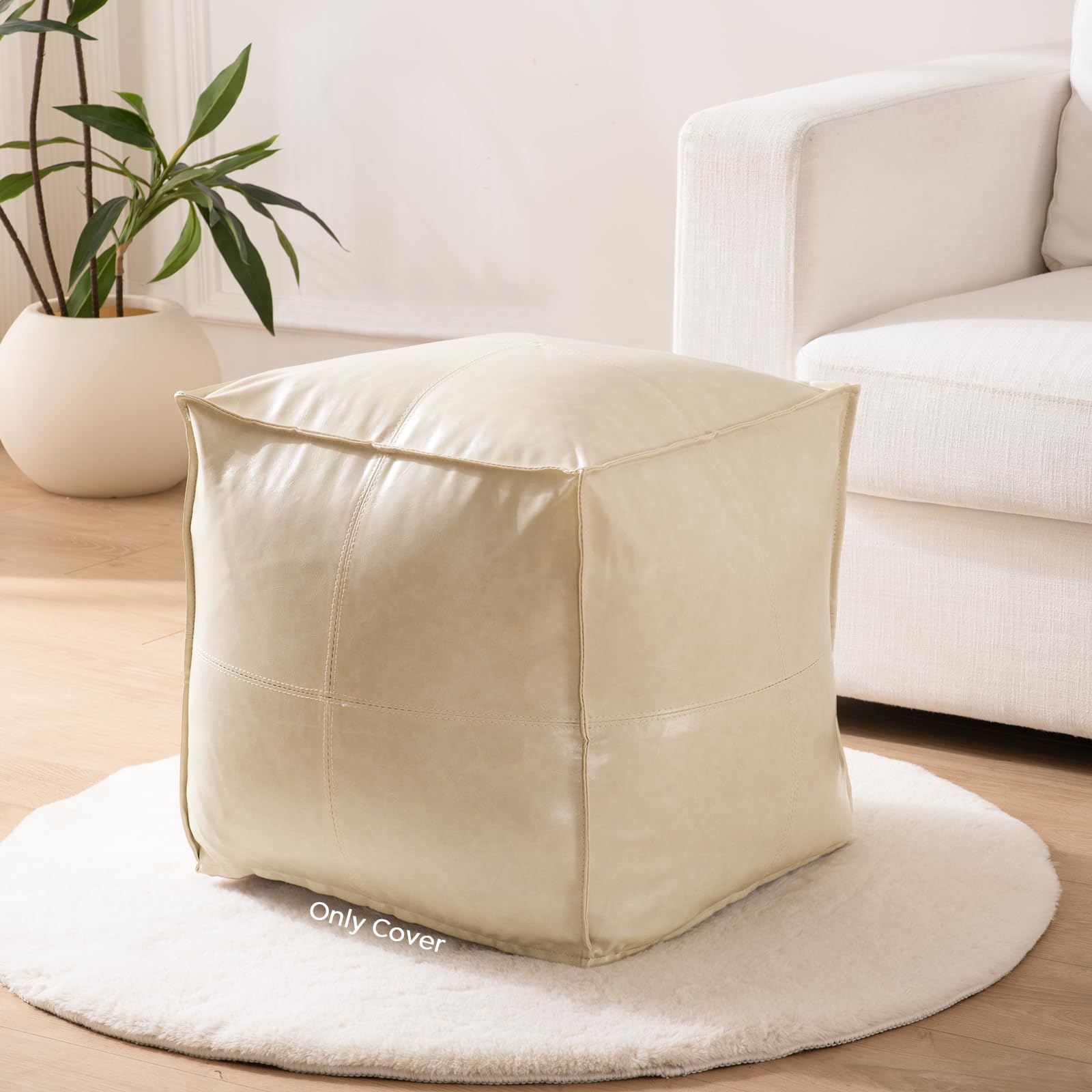 Photo 1 of 17.7" Square Unstuffed Pouf Ottoman Cover (Only Cover No Filler), Pu Leather Poufs Cube Foot Stool Poofy Ottomans Footrest, Casual Footstool for Living Room, Perfect to Rest Your Feet, Beige