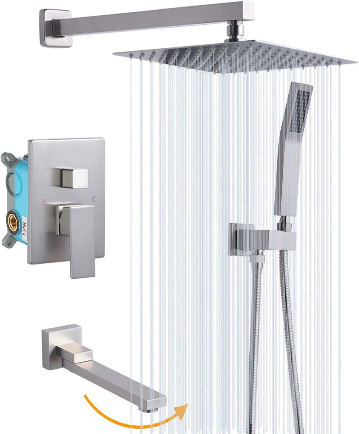 Rugus Shower System，Luxury Rain Mixer Shower Tub Spout Combo Set Wall Mounted Rainfall Shower Head System，10 Inch Square Rain Shower Head, Brushed Nickel Shower faucet rough-in valve body and trim - - 