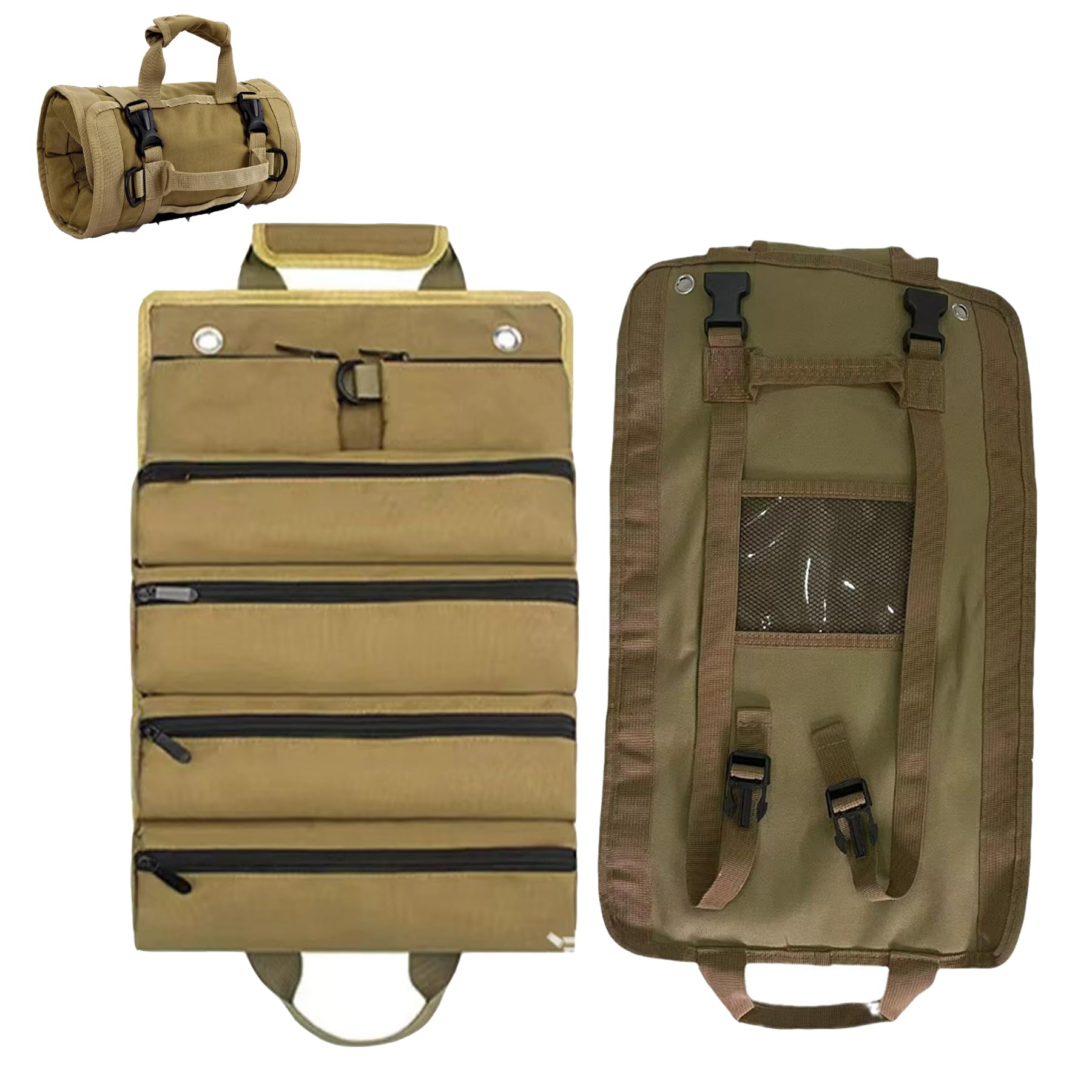 Tool Roll Bag, Tool Bag, Heavy Duty Oxford Cloth Tool Bag, Portable Roll Up Storage Pouch, with 2 Detachable Tool Pouch, Ideal for Plumbers, Craftsmen, Electricians, Carpenters and Gardeners (Khaki)