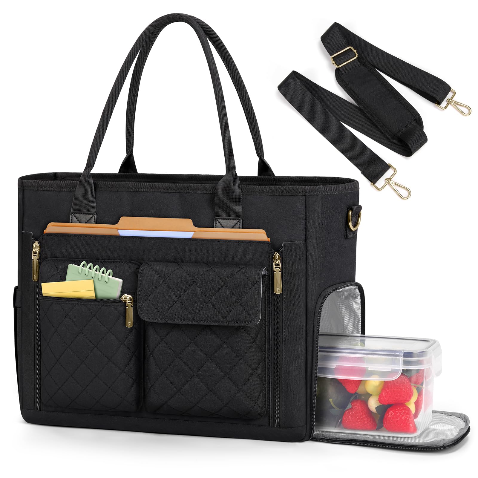 Photo 1 of RAINSMORE Teacher Tote Bag with Insulated Lunch Compartment 15.6 inch Laptop Bag for Women Lightweight Work Bags Nurse Bags Professional Briefcase Computer Handbag for Office, College, Nursing, Black