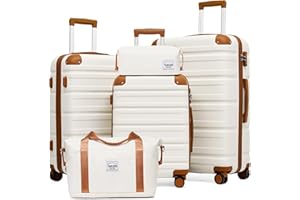 TAKUMI Luggage Sets 5 Piece Lightweight Carry On luggage with Duffel Bag ABS+PC Hardshell Suitcases with YKK zippers Double Spinner Wheels Travel Luggage with TSA Lock(WHITE BROWN, 5 PIECE SET)