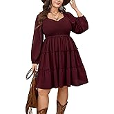 CICIDUDU Plus Size Dresses for Curvy Women Smocked Long Sleeve Tiered Flowy Cute Short Fall Mini Dress