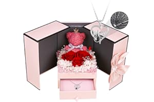 WILDLOVE Mothers Day Rose Gift for Mom, Preserved Flowers Rose Bear with Mom Necklace, Christmas, Birthday Gifts for Mom, Best Presents for Moms - Red