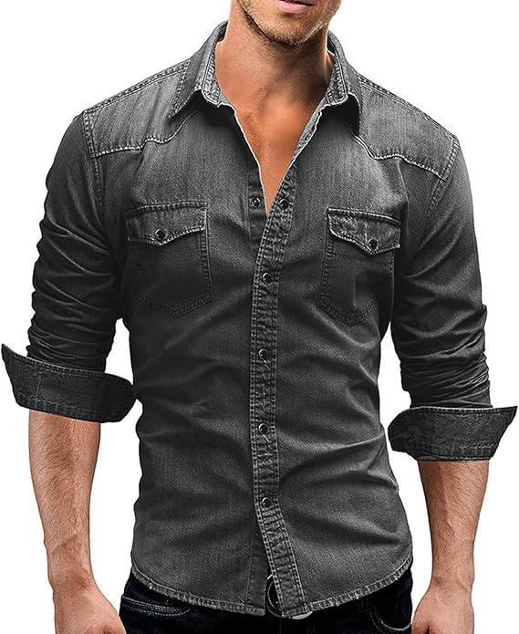 HOSD Men's Double Pocket Men's Casual Long Sleeve Denim Shirt Amazon