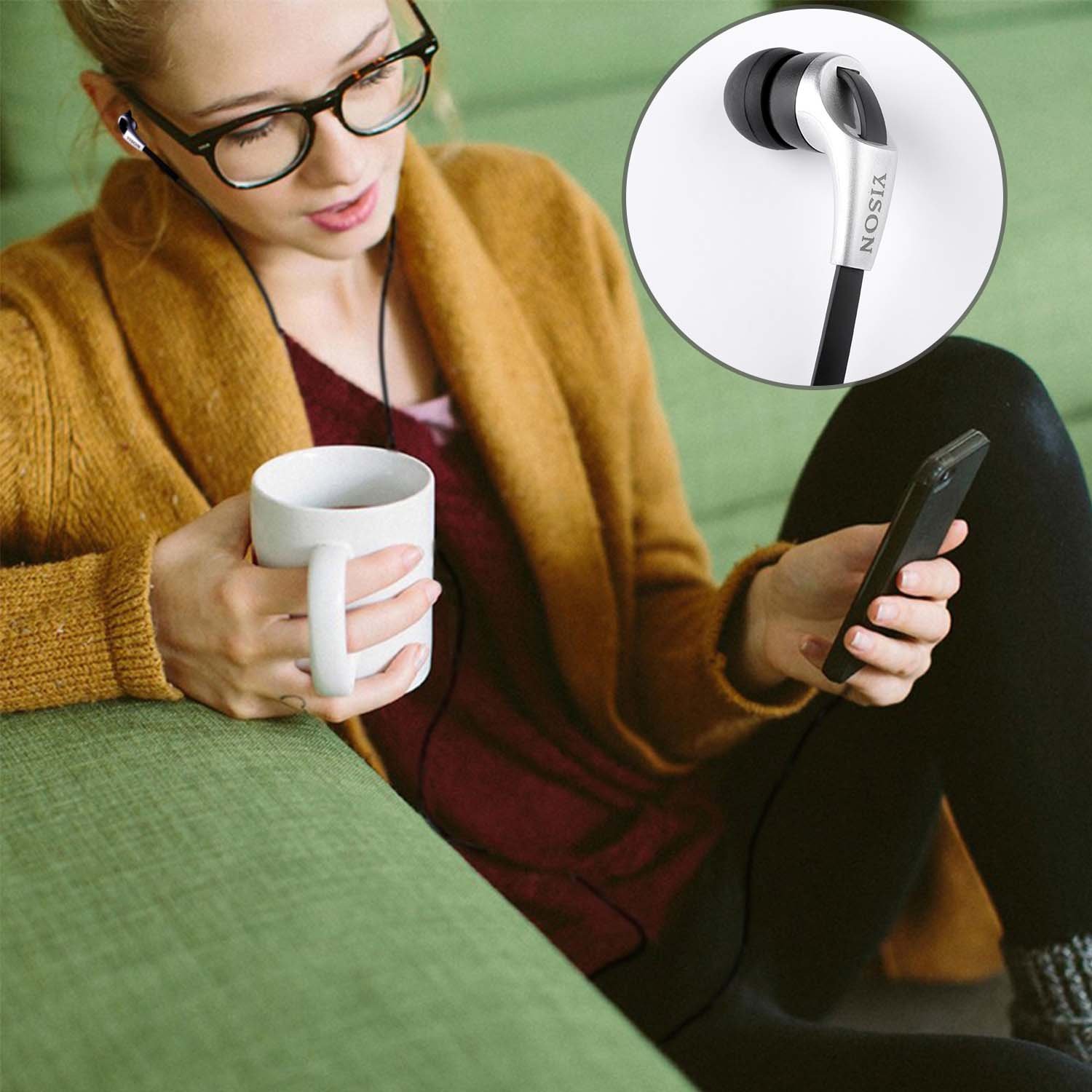 Earphones Fashion, In Ear Earbuds, Noise Isolating Lightweight Wired 3.5MM Headphones with Microphone Control, Stereo Earbuds For Ios and Android,Laptop and MP3/4 Music Players(Black/Silver)