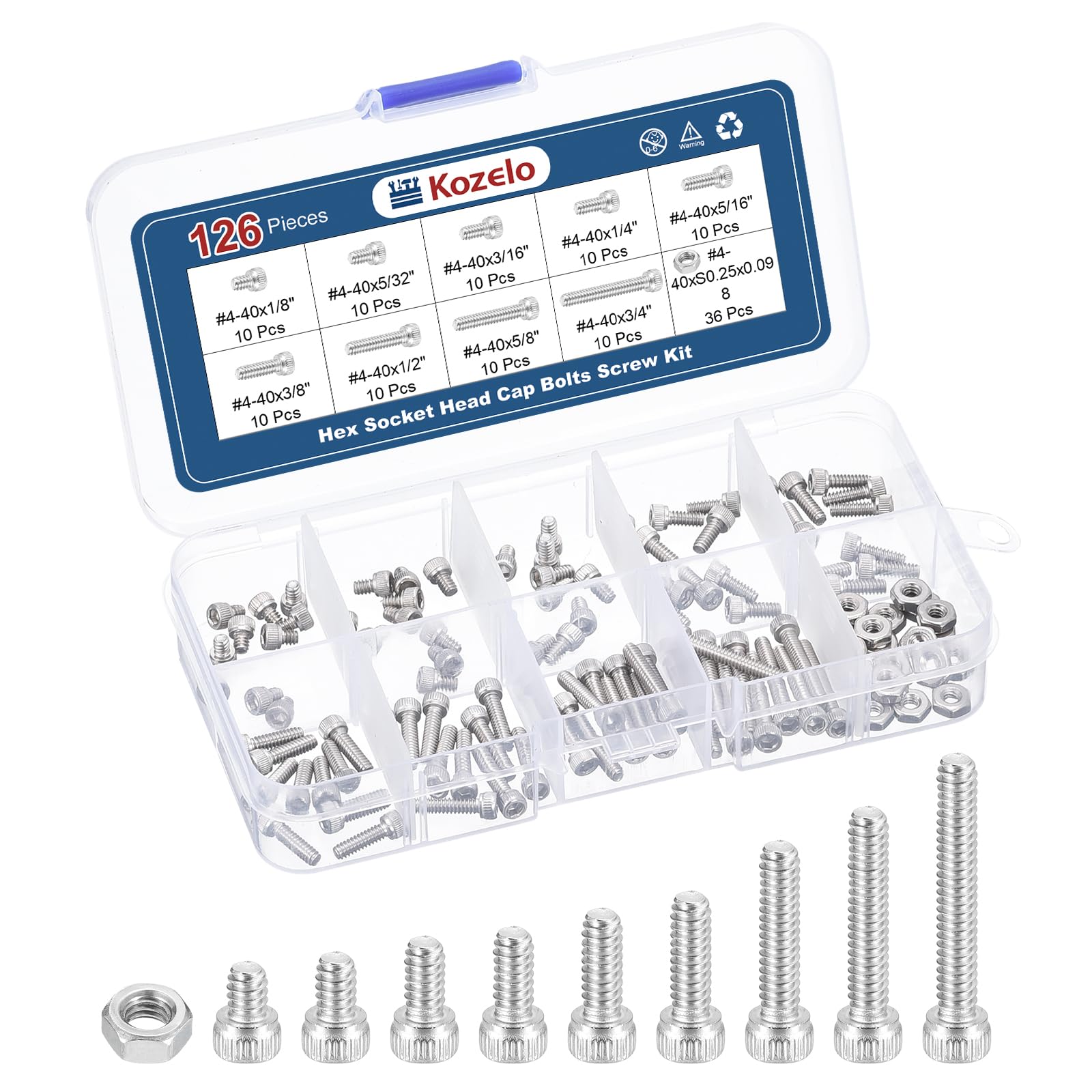 Kozelo 126pcs Socket Head Cap Screws Bolts Nuts Assortment Kit - [#4-40] 304 Stainless Steel Allen Socket Drive for 3D Printer
