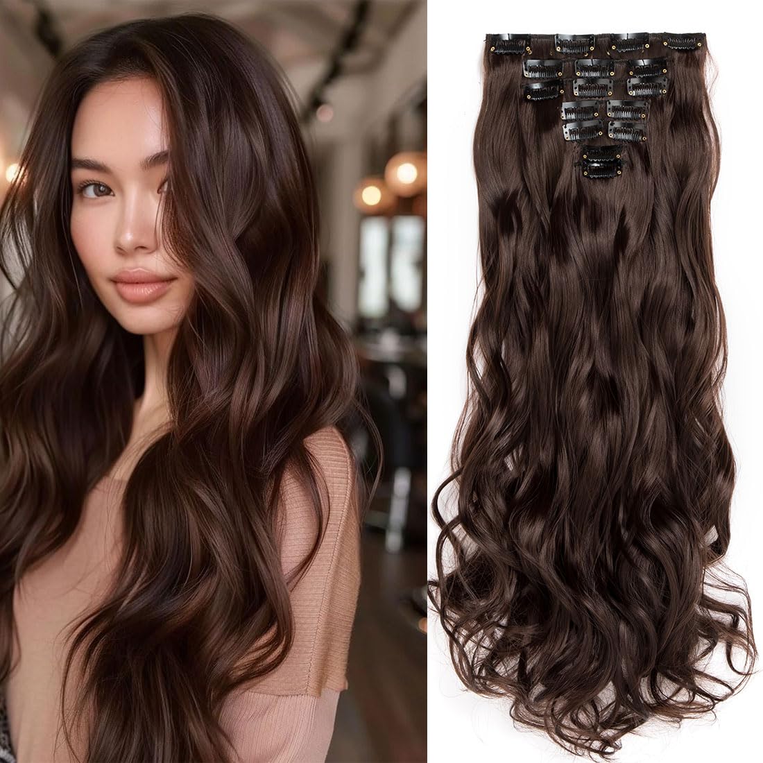 Swy Hair Clip in Hair Extensions Body Wave 22 inches 7Pcs 150g Straight Hair Synthetic Hair Extensions (W-Dark Brown, Wavy) — image 1