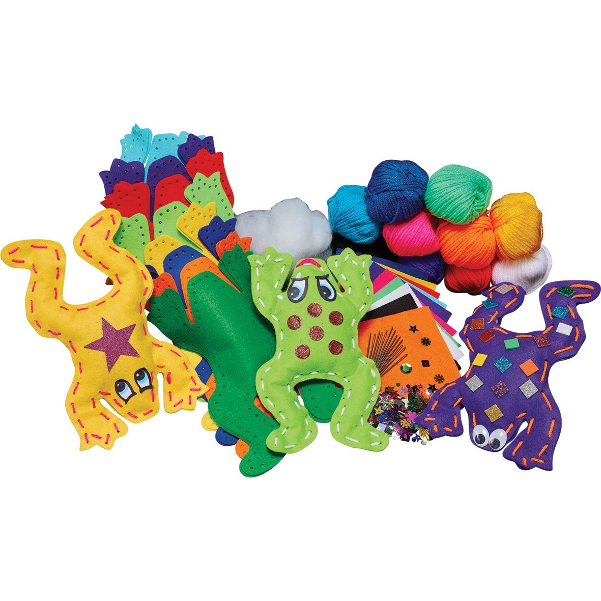 Springboard Felt Frogs Sewing Kits for Children - Make Your Own 3D Felt Fabric Frogs w/ Precut Shapes - Kids Sewing Kit for Beginners, Boys and Girls - 16-Pack - 21 x 13 cm - Assorted Colours
