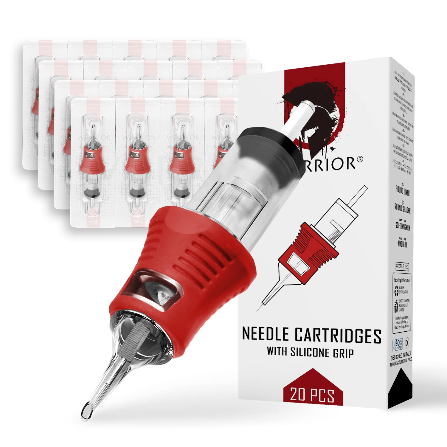 WARRIOR PRO Tattoo Needles Cartridges with Silicone Rubber Grip Sterilized Tattoo Needle Cartridge Round Shader in Japanese Steel Permanent Makeup PMU (0.35MM-1214RS)