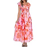 Simplee Womens Floral Wedding Guest Dress Spring Summer 2026 Chiffon Boho Off Shoulder Smocked Tiered Flowy Maxi Dresses