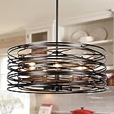 Sigaitwei 5-Light Drum Chandelier for Dining Room，19.7" Rustic Farmhouse Dining Room Light Fixture，Wood Grain and Vintage Bla