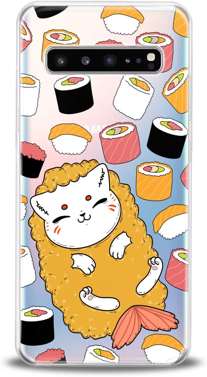 Anreda TPU Case Compatible for Samsung S21 Ultra S20 FE S10 Plus Note 20 S9 S8 Smooth Print Food Women Design Cat Sushi Pattern Kids Kawaii Fish Slim fit Cover Cute Cute Soft Flexible Girls Clear