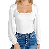 MANGOPOP Square Neck Puff Sleeve Bodysuit Loose Lantern Long Sleeve Body Suit Tops for Women Going Out