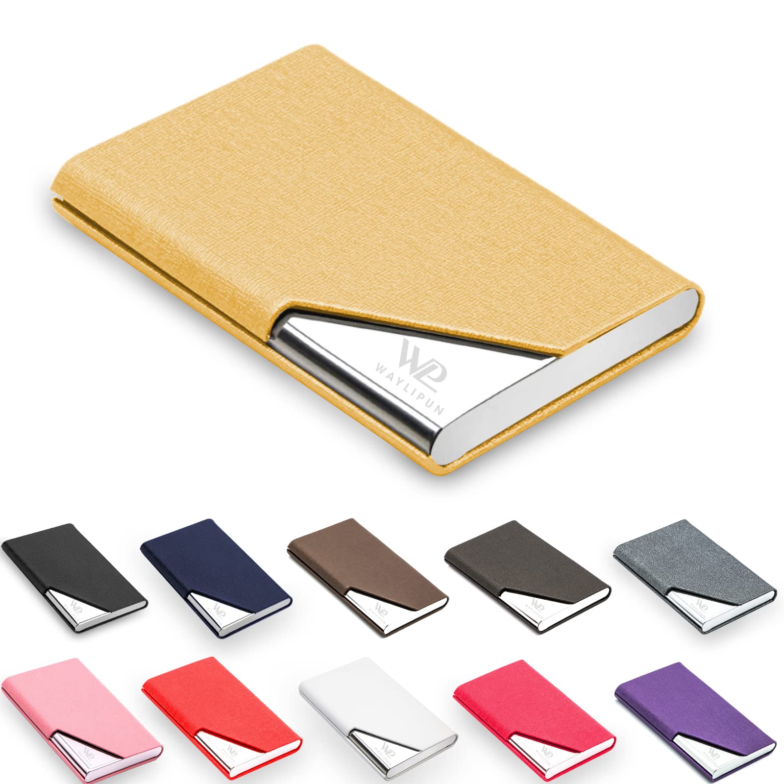 Waylipun Business Card Holder, Professional PU Leather & Stainless Steel Business Name Card Case, Keep Business Cards in Immaculate Condition, Slim Metal Pocket Card Holder with Magnetic Shut(Gold)